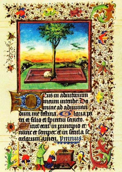 Illustratie bij de Legende van het Heilig Kruis: 'Toen plantte hij het takje op zijn graf en het groeide en groeide en het werd een grote boom...' De legende vertelt er niets over, maar onder aan de bladzijde suggereert de kunstenaar dat ook het hout waarop Isaak dreigde geofferd te worden - en dat hijzelf de berg op had gedragen - van diezelfde boom afkomstig was.