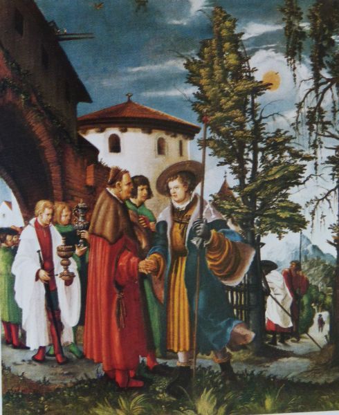 'Afscheid van Florianus'. Florianus heeft gehoord dat er in Lorch Christenen gevangen zijn genomen. Hij vertrekt onmiddellijk om ze te bezoeken. Op de achtergrond is een processie aan de gang: er worden heilige vaten meegedragen.