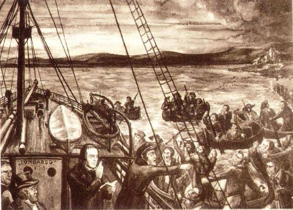'Op zijn vlucht uit Italië, in de haven van Livorno, door het opgehitste volk met den dood bedreigd, zegent hij zijn verfvolgers en biedt hij zich aan God als offer aan'.