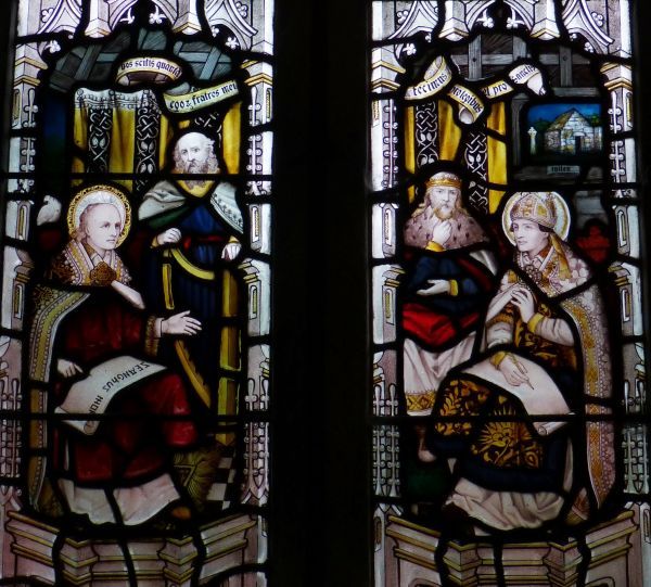 Carantoc (links) verblijft bij Sint Patrick in Ierland. Bijschrift ontleend aan verschillende tejksten van Paulus: 'Gij weet hoeveel ik en mijn broeders hebben gedaan voor de wet en voor de heiligen.'