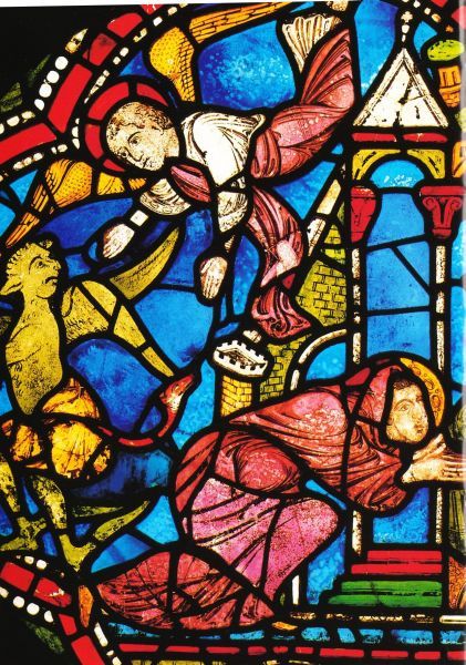 Sint Dunstan klimt over het dak, omdat hij door een duivel wordt verhinderd de kerk binnen te gaan. Een engel drijft de duivel terug en zet Dunstan weer veilig op de grond.