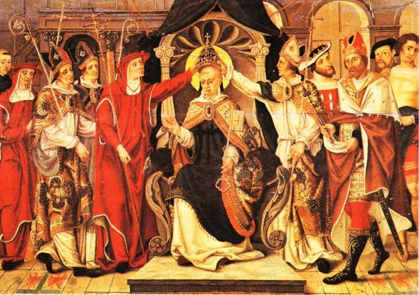 Kroning van paus Celestinus V. Rechts op de afbeelding met kroon koning Karel II; helemaal rechts vertegenwoordigers van de strijdende families Orsini en Colonna.