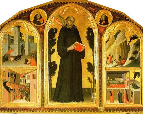 Augustinus omringd door taferelen van wonderen die aan hem worden toegeschreven.
