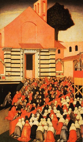 Bernardinus preekt voor de St-Franciscuskerk in Siena. vóór 1481, Sano di Pietro, paneelschildering.