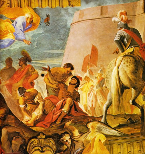 Ignatius gewond in de slag om Pamplona gecombineerd met visioen van Sint Petrus.