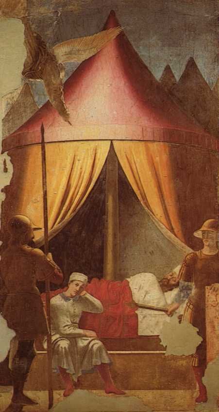 Schilderij /Tekening (?) door Piero della Francesca. De droom van Constantinus.