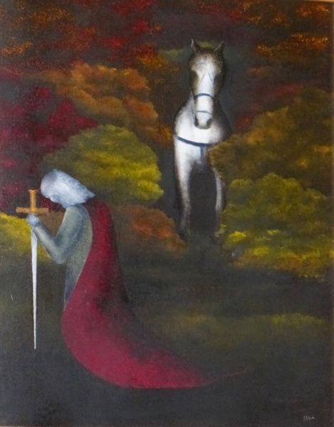 De legendes rond Sint Collen bijeen gebracht op één schilderij. 1. Links knielt hij neer (bij de bron?) nog gewapend als een vechtende ridder: met helm, kuras en zwaard. Hij staat op het punt zijn zwaard af te leggen. En heeft hij al de (paarse?) boetemantel aangetrokken? 2. Op de achtergrond de schimmel die hij zal berijden om zijn grondgebied af te bakenen.