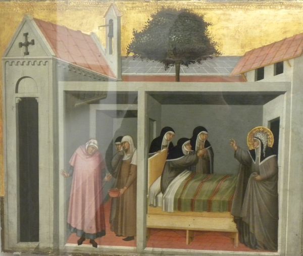 Humiltà geneest een zieke zuster. vóór 1348, Pietro Lorenzetti, paneelschildering.