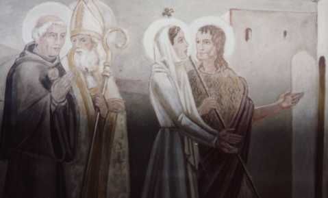 Rita wordt door de heiligen Nicolaas van Tolentino , Augustinus en Johannes de Doper naar het klooster geleid.