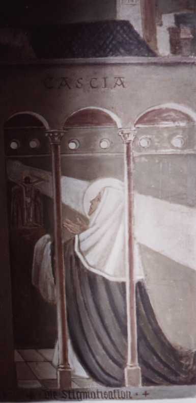Rita ontvangt de stigmata (Jezus' wondetekenen) .