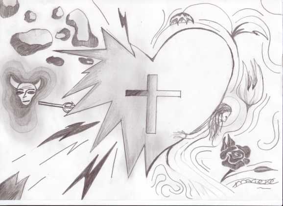 januari 1999. Tekening door Marieke Thoen. Haar bijschrift: Je hart heeft twee kanten net als je geloof alleen aan je geloof kan je zelf iets aanbrengen of toevoegen (met je hart wordt je geboren) dus jouw eigen ik, jou vertrouwen en geloof brengen de beslissende stem. ---> goed of slecht.