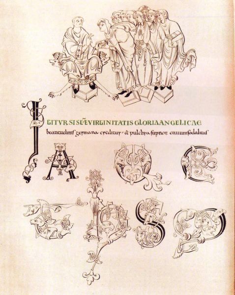 Titelpagina van een uitgave van 'De Virginitate' uit de 10e eeuw. Aldhelm, gezeten op een elegante zetel, reikt zijn boek over aan een - letterlijk - vooraanstaande vrouw van een groep maagden.