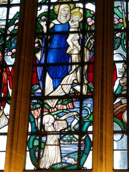 Aldhelm biedt Maria zijn kerk (van Sherborne) aan.