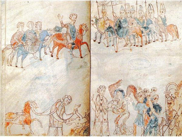 Het onderschrift luidt: 'Noormannen te paard die aankomen te Sint-Bertijns'. Rechts de Noormannen. Op de tegenoverliggende bladzijde (links) een bebaarde abt die hen begroet; hij wordt vergezeld van drie gewapende lijfwachten. Daaronder zien we diezelfde abt naast zijn paard. Als een Barmhartige Samaritaan buigt hij zich over een vrouw die half naakt wordt geradbraakt (Sint Catharina?). Op de rechter bladzijde zien we hem nog eens. Nu wordt hij ontvangen door een engel; achter de engel een koning op zijn troon met paladijnen. De abt draagt geen heiligenkransje, terwijl dat bij de engel wel het geval is. Is hij dus niet heilig? Omdat het over Noormannen gaat, en over de abdij van Saint-Bertin, plaats ik de afbeelding bij de priester (en abt?) Worhard van St-Bertin die het slachtoffer werd van de Noormannen. [Zie Georges Declercq (red.) 'Ganda & Blandinium. De Gentse abdijen van Sint-Pieters en Sint-Baafs' Gent, 1997 p:27]