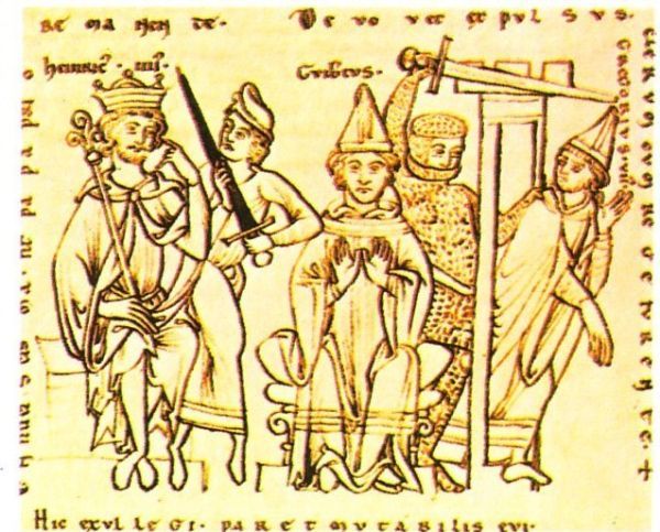 Links koning Heinrich; midden de pas benoemde tegenpaus; rechts wordt Gregorius uit de stad verbannen. Italië(?)