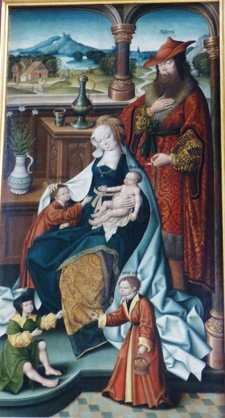 Het gezin van Alfeus (naam boven zijn hoofd!) en Maria Cleofas: Op schoot: Jacobus Minor; aan de rok: Judas Thaddeus. Op de grond: zittend Simon, staand: Jozef
