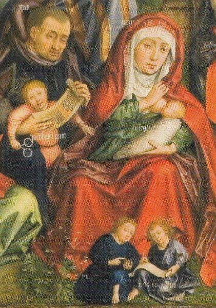 Het gezin van Alfeus en Maria-Cleofas Op schoot bij vader: Jacobus Minor; aan de borst: Jozef. Aan Maria's voeten: Simon en Judas Thaddeus.