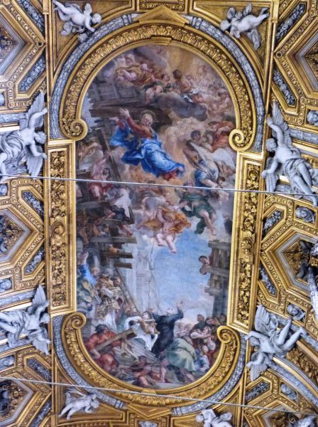 In een visioen ziet Filippus Neri (onder, rechts) hoe de Heilige Maagd Maria (onder, links) voorspreekster is bij de bouw van de Chiesa van Maria in Vallicella (Chiesa Nuova) (waarin Filippus uiteindelijk zelf zal worden bijgezet).