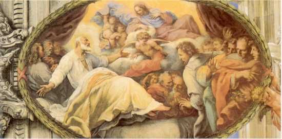 Fresko in Chiesa Nuova. Illustratie in catalogus afb. 3. Visioen van Maria op het ziekbed van Filippus.