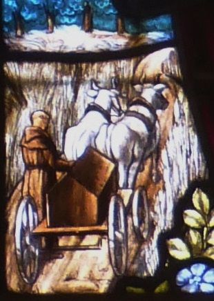 Overbrenging relieken Sint Ranulfus. (detail van glasschilderraam).