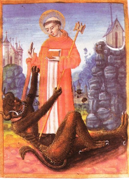 Bernardus zuivert de doorgang door de Alpen door het plaatselijke, heidense monster te verslaan. Frankrijk(?)