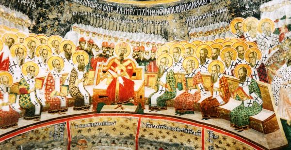 1e Oecumenische Concilie te Nicea(325) met keizer Constantijn (305-337) als voorzitter.
