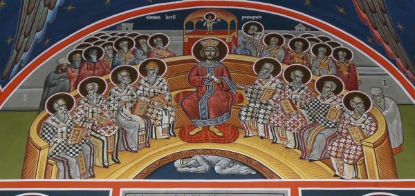 Oecumenisch Concilië Nicea ,voorgezeten door keizer Constantijn; onder zijn voeten: Aríus, wiens leer bij die gelegenheid tot ketterij werd verklaard.