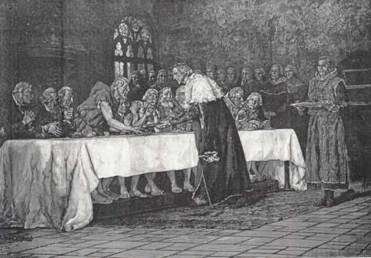 Illustratie. De heilige koning Ferdinand spijzigt op Witte Donderdag de armen aan tafel.