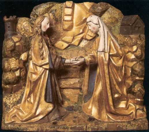 Detail Lijdensaltaar. Maria en Elisatbeth, beiden in verwachting. De eerste van Jezus en de tweede van Johannes de Doper.
