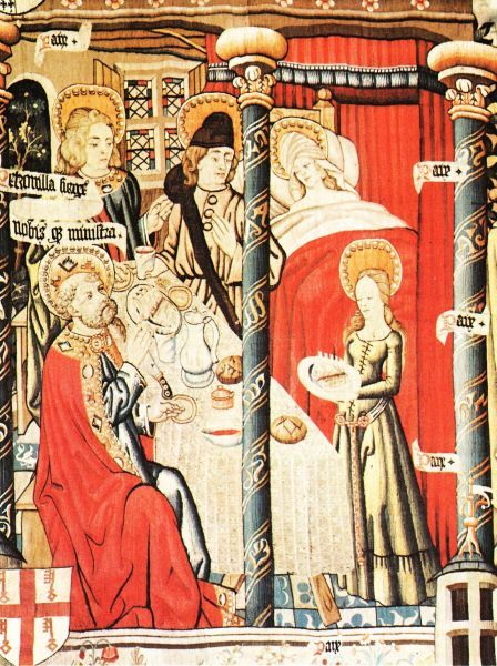 Nadat Petronilla eerst door Petrus is genezen (rechts boven) bedient zij hem aan tafel (beneden).