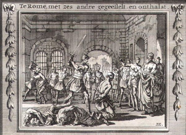 Marteldood van Justinus en 6 Gezellen. Gravure in: Cav.1698