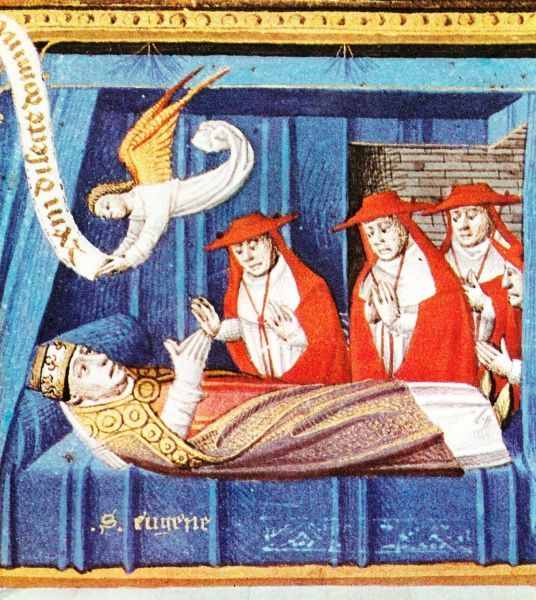 Dood van paus Eugenius i, omringd door vier treurende kardinalen. Een engel daalt uit de hemel af met een spreukband: 'Veni, dilecte Domini'(= Kom, geliefde van de Heer).