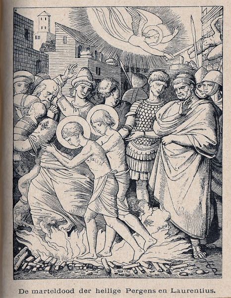 Pergentinus en Laurentinus, hier afgebeelsd als jongens, gefolterd; ze gaan door het vuur (... voor de Heer).