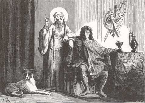 Gravure. De heilige Clotilde met koning Clovis.