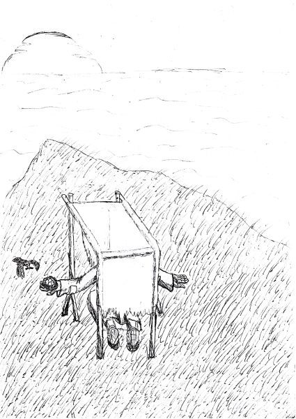Kevin onder zijn afdakje. ± 1995, tekening, Paul de Geus.