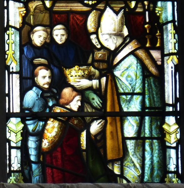 Bonifatius kroont met goedkeuring van de paus Pepijn tot koning der Franken. Hij was de zoon van Karel Martel die de Friezen had verslagen waardoor het voor Willibrordus mogelijk was geworden het christendom onder de Friezen te preken. Pepijn zou de vader worden van Karel de Grote.