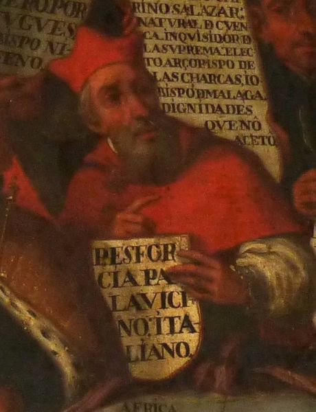 Sforza Pallavicini in het kardinaalsrood. Op zijn bord: 'P. Esforcia Palavicino: Italiano'. Ca 1750, schilderij (detail)