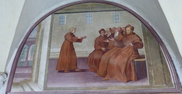 De jonge Onufrius geeft instructie aan de monniken over de weldaden van het woestijnleven.