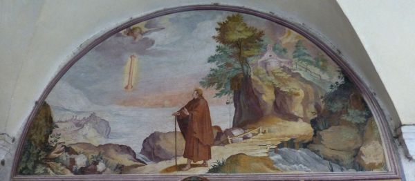 Onufrius trekt de woestijn in. Daar heeft hij een visioen van een vurige zuil. Een stem uit de hemel zegt: 'Vrees niet. Ik ben een engelk van de Heer.' Italië, Rome, Sant' Onofrio, kloostergang,