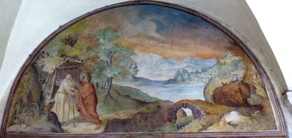 In de woestijn ontmoet Onufrius de woestijnvader Hermeus. Italië, Rome, Sant' Onofrio, kloostergang,
