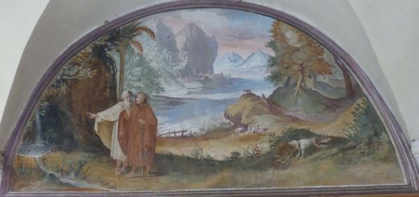 Hermeus wijst Onufrius de bron in de woestijn waar hij van leefde. Italië, Rome, Sant' Onofrio, kloostergang,