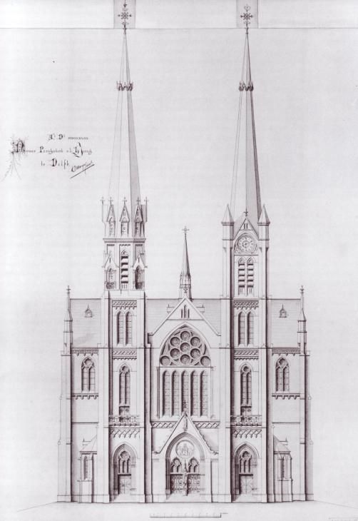 Ontwerp van de voorgevel van de kerk aan de Burgwal met de 71.5 m hoge torens. De galmgaten in beide torens zijn gevuld met galmborden en aan de rechter toren ontbreken de spuwers. Op de hoeken van de transeptgevels zijn groet pinakels ontworpen.