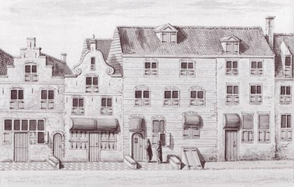 'Jesuite kerk' Rechts van het midden de in 1678 verbouwde schuilkerk van de jezuïeten met twee zadeldaken parallel aan de Oude Langendijk. Links daarvan de jezuïetenschool en rechts het linker gedeelte van het huis van Jan Vermeer Uit boek door Ab Warffemius: '400 JAAR KERKEN IN 'De PAPENHOEK De Maria van Jessekerk en haar voorgangers' (p 14) ISBN 90-9019728-1.