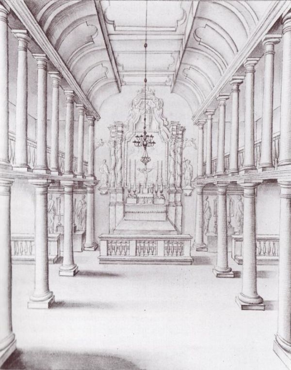 De schuilkerk uit 1733 aan de Molenpoort, het interieur in 1744. De kerk wordt nog steeds de Jesuitenkerk genoemd, terwijl zij sinds 1709 door de franciscanen bediend werd. Uit boek door Ab Warffemius: '400 JAAR KERKEN IN 'De PAPENHOEK De Maria van Jessekerk en haar voorgangers' (p 21) ISBN 90-9019728-1.