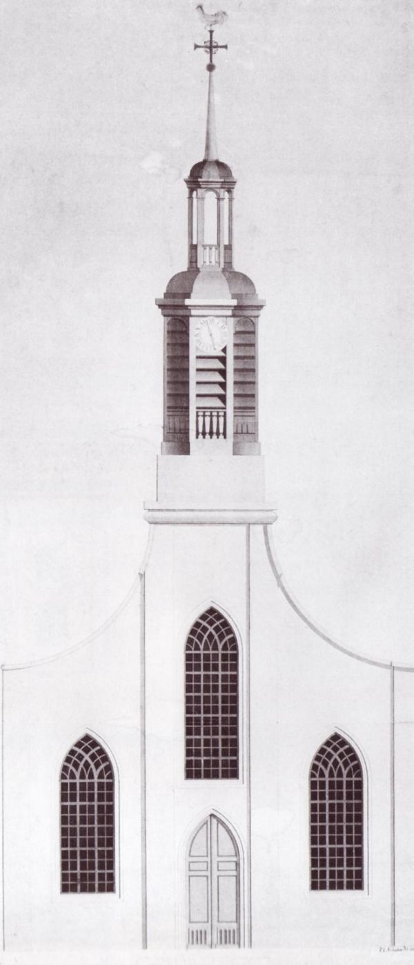 De in 1815 gebouwde toren en voorgevel aan de schuilkerk uit 1733 Uit boek door Ab Warffemius: '400 JAAR KERKEN IN 'De PAPENHOEK De Maria van Jessekerk en haar voorgangers' (p 22) ISBN 90-9019728-1.