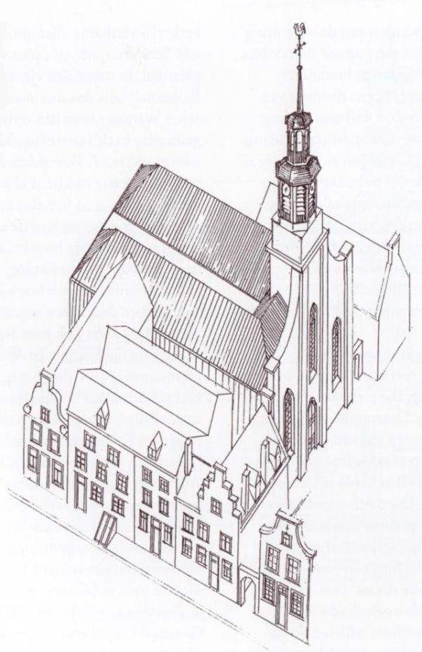 In vogelvlucht: De schuilkerk uit 1733 met de in 1815 gebouwde voorgevel en toren aan de Molenpoort Uit boek door Ab Warffemius: '400 JAAR KERKEN IN 'De PAPENHOEK De Maria van Jessekerk en haar voorgangers' (p 25) ISBN 90-9019728-1.