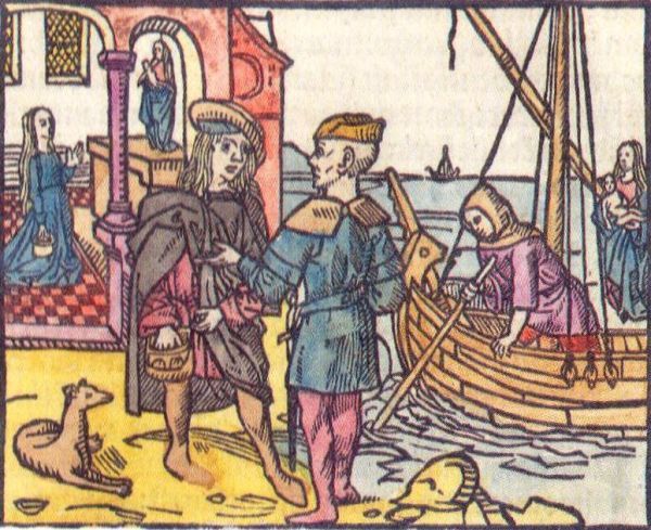 Terwijl de mensen van Schiedam bezig zijn met de alledaagse dingen blijkt Lidwina een vroom meisje: bezoekt de kerk (achtergrond)