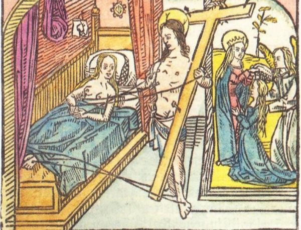 Lidwina ontvangt de stimata, de wonden die Christus in zijn lichaam droeg.