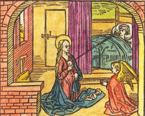 Lidwina wordt gevoed door de moedermelk uit Maria's borst: dezelfde spijs waarmee ook het Christuskind is gevoed.