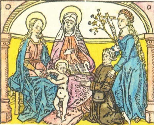 Lidwina (met kruis en rozentak) in de hemel ontvangen door Anna, Maria en het kind Jezus. Zij beveelt pater Jan Brugman aan in haar gebeden.